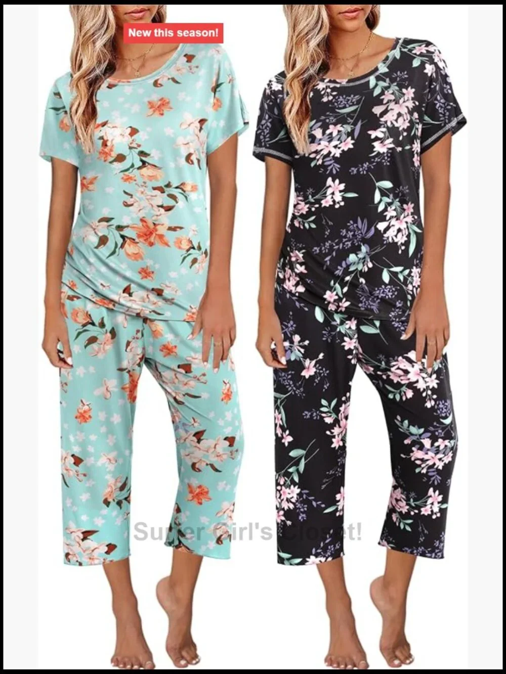 Womens Pajama Sets 2 Pack Short Sleeve Capri Pants Lounge Sleepwear Lightweight